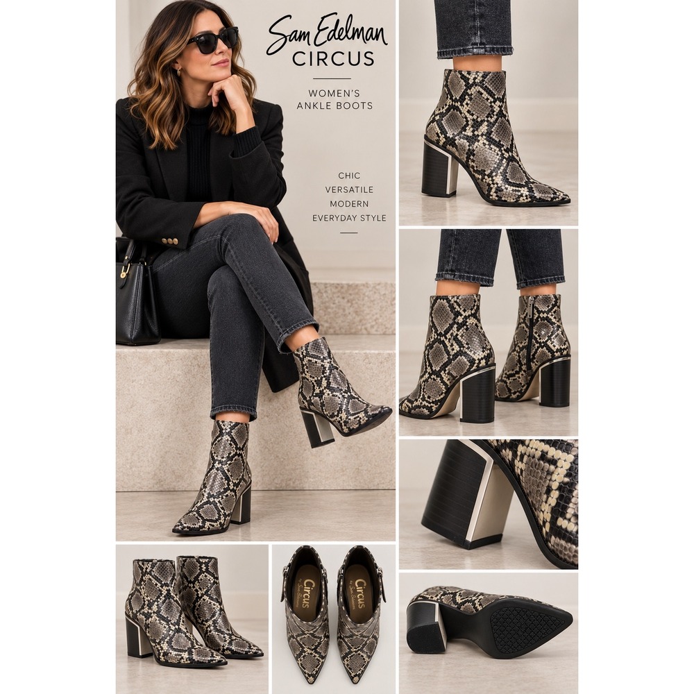 Circus by Sam Edelman Ankle Boots Womens 7.5 Grey Snakeskin Print Block Heel Zip